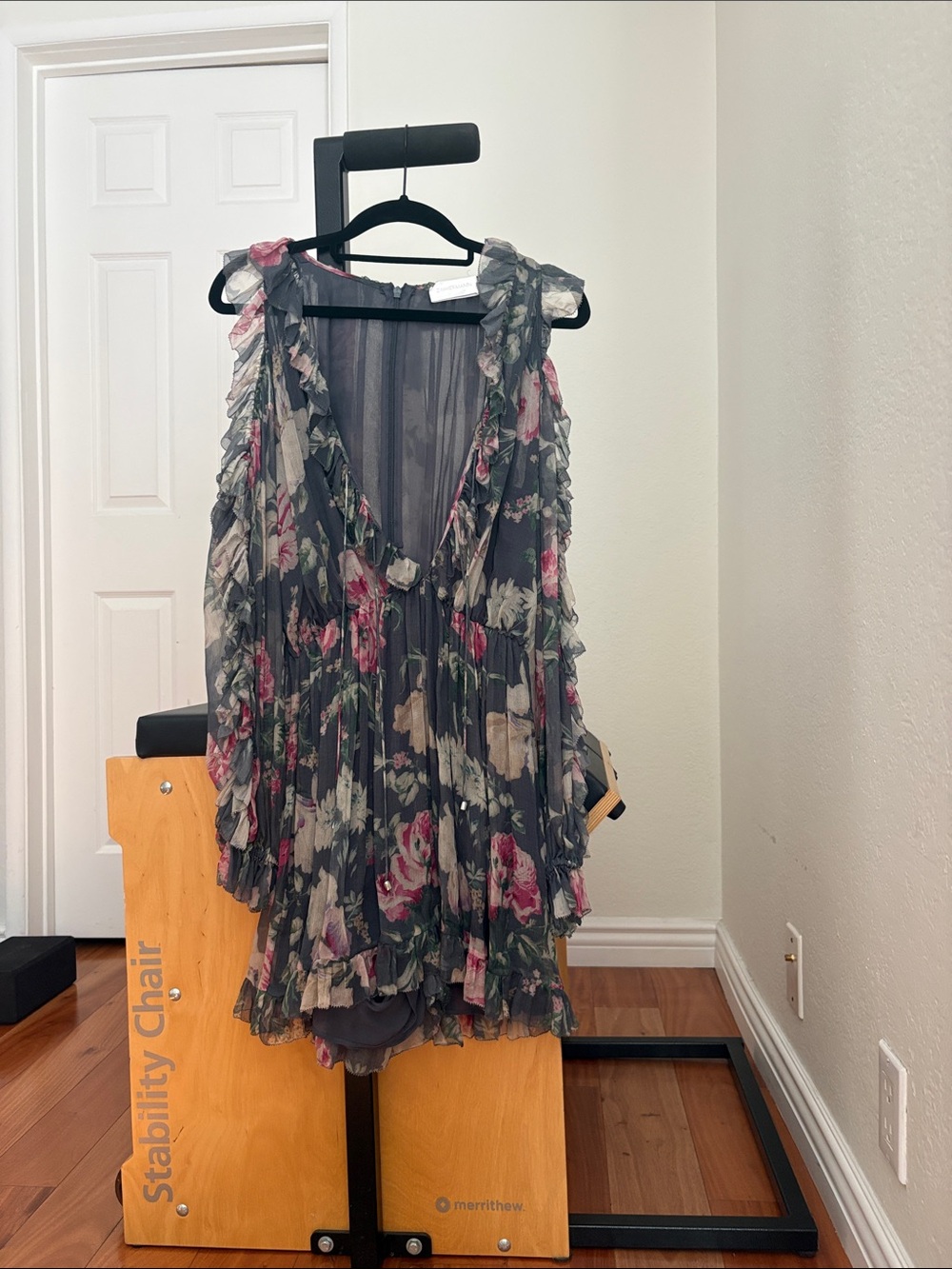 Zimmermann Floral Ruffle V-Neck Romper in Charcoal with Pink Blooms